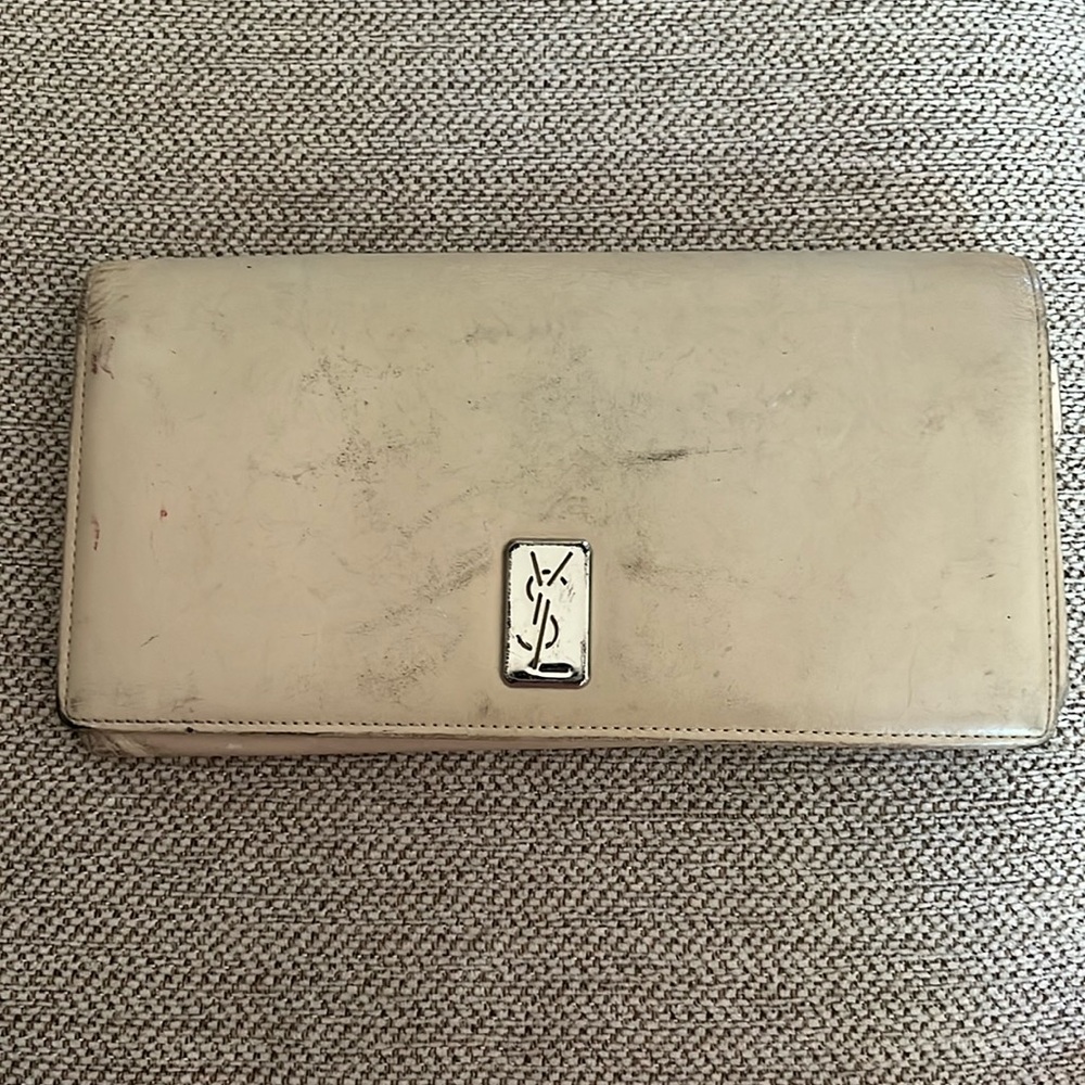Yves Saint Laurent Cream Leather Wallet with Silver YSL Plaque